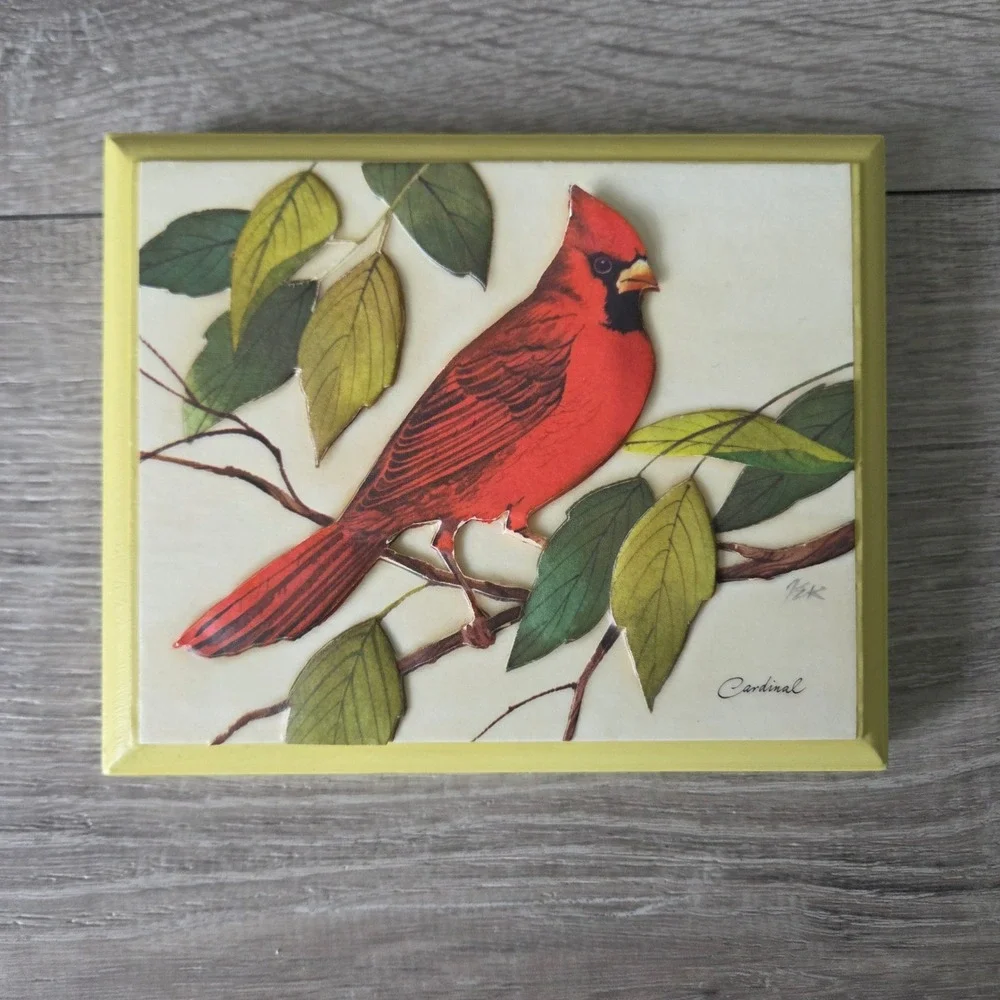 Vintage 1973‎ 3D Paper Tole Bird Wall Art Set 4 Wood Plaques Yellow Cottagecore